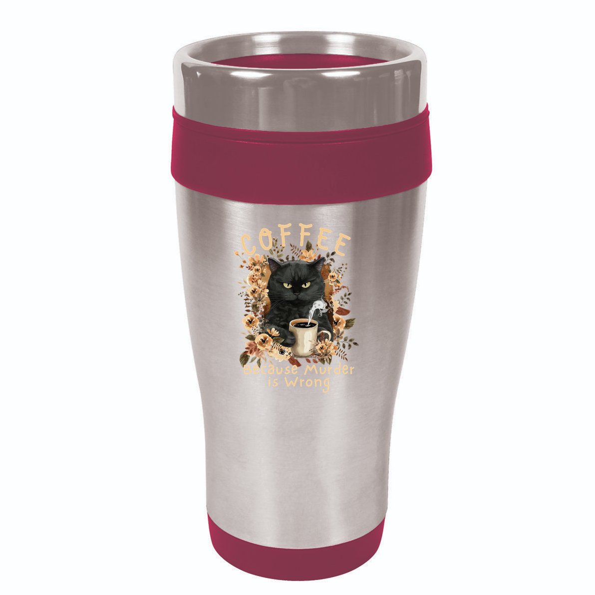 Coffee Because Murder is Wrong Sarcastic Angry Black Cat 16oz Travel Tumbler