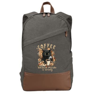 Coffee Because Murder is Wrong Sarcastic Angry Black Cat Cotton Canvas Backpack