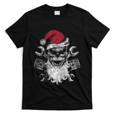 Christmas Biker Motorcycle Holiday Santa Skull Distressed  T-Shirt