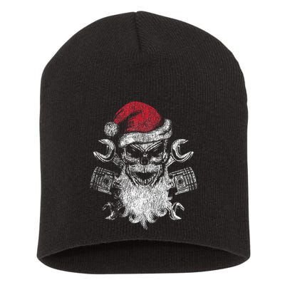 Christmas Biker Motorcycle Holiday Santa Skull Distressed  Short Acrylic Beanie