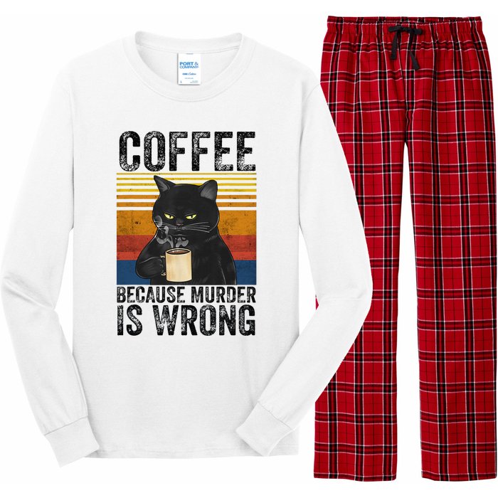 Coffee Because Murder Is Wrong Black Cat Drinking Coffee Mug Long Sleeve Pajama Set