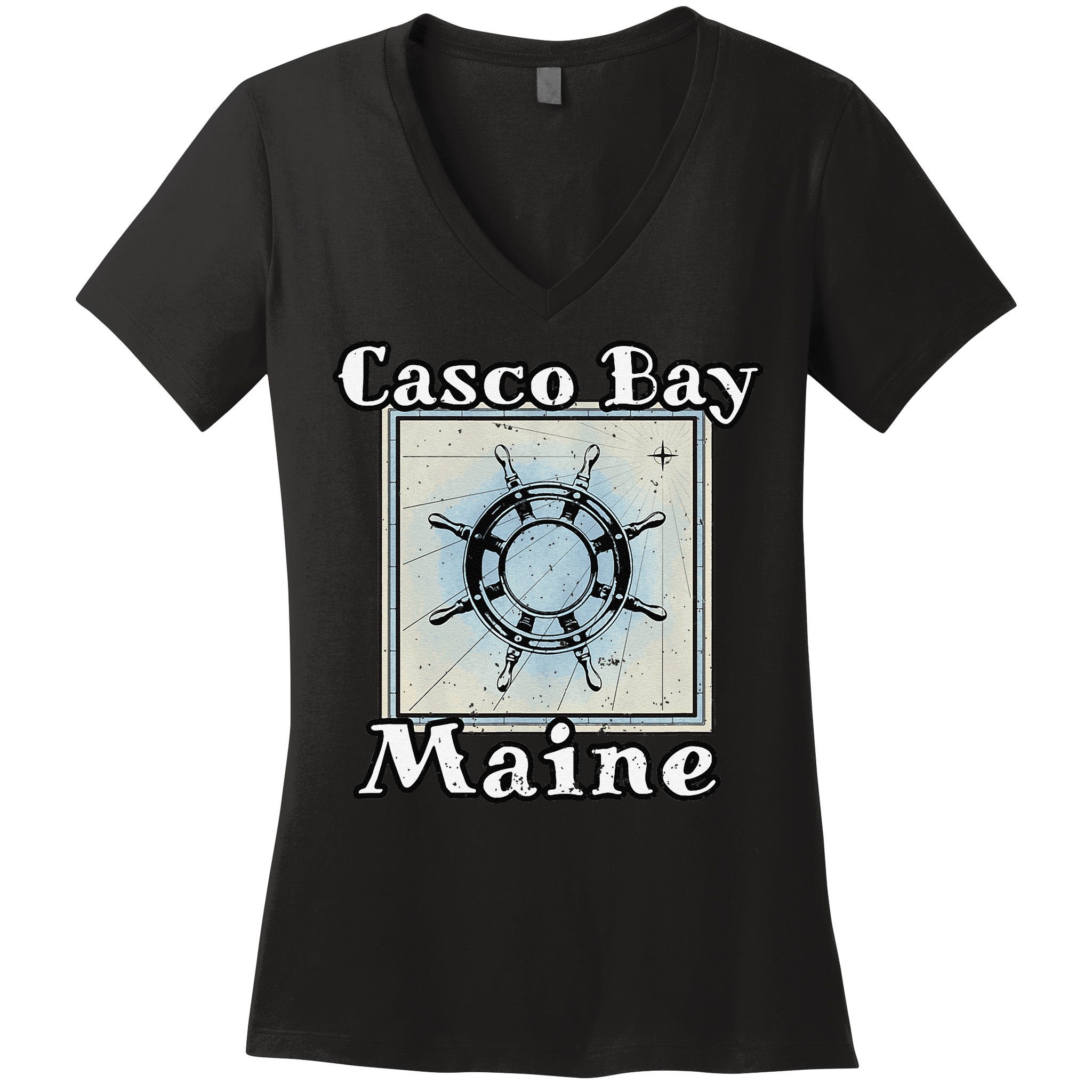 Casco Bay Maine Maritime Nautical History Ship Wheel Sailing Women's V-Neck T-Shirt