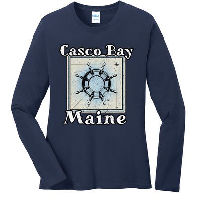 Casco Bay Maine Maritime Nautical History Ship Wheel Sailing Ladies Long Sleeve Shirt