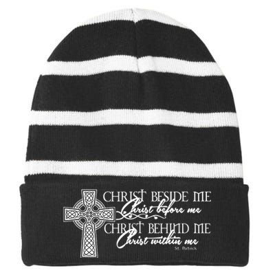 Christ Beside Me Christ Before Me Christ Behind Me Striped Beanie with Solid Band