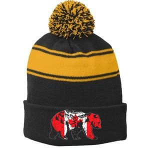 Canadian Bear & Maple Leaf Canada Flag Patriotic Stripe Pom Pom Beanie