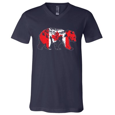 Canadian Bear & Maple Leaf Canada Flag Patriotic V-Neck T-Shirt