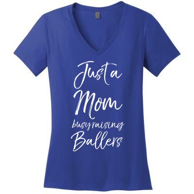 Cute Basketball Mother Gift Just A Mom Busy Raising Ballers Gift Women's V-Neck T-Shirt