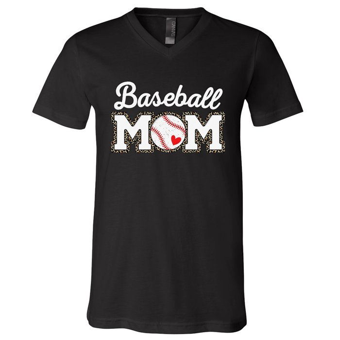 Cute Baseball Mom Leopard Print Mothers Day V-Neck T-Shirt