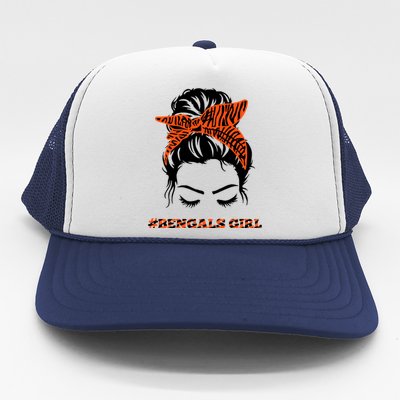 Cute BENGALS Messy Bun Girlss For Womens Girlss Fans Lovers Trucker Hat