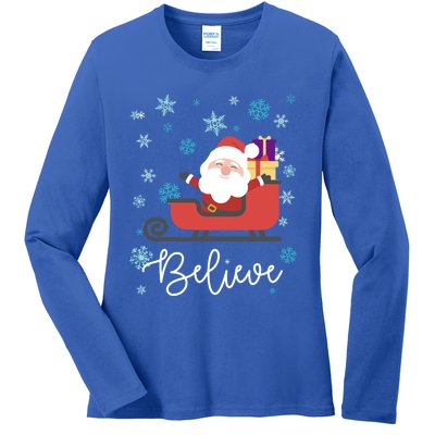 Cute Believe Merry Christmas Santa Claus Sleigh Great Gift Ladies Long Sleeve Shirt