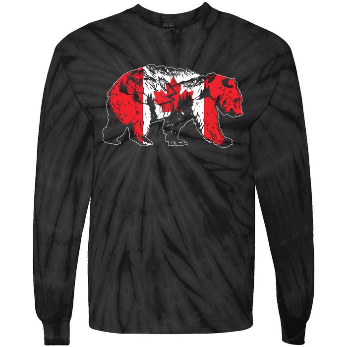 Canadian Bear Maple Leaf Canada Flag Patriotic Tie-Dye Long Sleeve Shirt