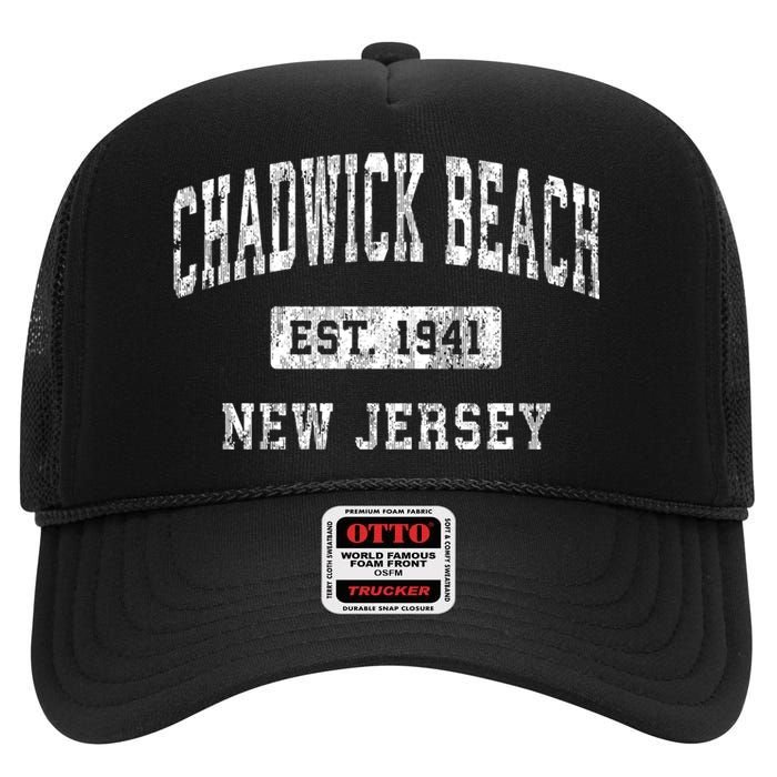 Chadwick Beach New Jersey Nj Vintage Established Sports High Crown Mesh Back Trucker Hat