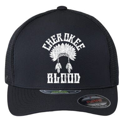 Cherokee Blood Native American Headdress Distressed Vintage Flexfit Unipanel Trucker Cap