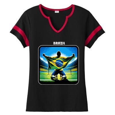 Cool Brazil National Soccer Team With Flag Ladies Halftime Notch Neck Tee