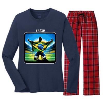 Cool Brazil National Soccer Team With Flag Women's Long Sleeve Flannel Pajama Set 