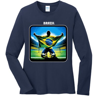 Cool Brazil National Soccer Team With Flag Ladies Long Sleeve Shirt