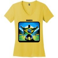 Cool Brazil National Soccer Team With Flag Women's V-Neck T-Shirt