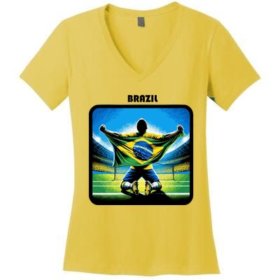 Cool Brazil National Soccer Team With Flag Women's V-Neck T-Shirt