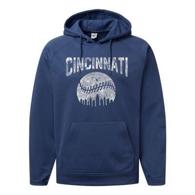 Cincinnati Baseball Ohio Skyline City Vintage Style Performance Fleece Hoodie