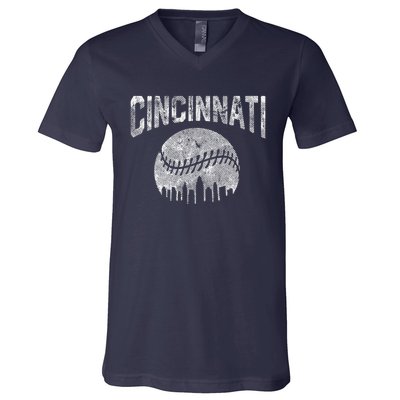 Cincinnati Baseball Ohio Skyline City Vintage Style V-Neck T-Shirt