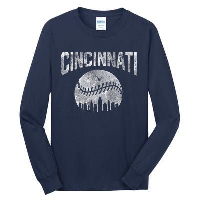 Cincinnati Baseball Ohio Skyline City Vintage Style Tall Long Sleeve T-Shirt