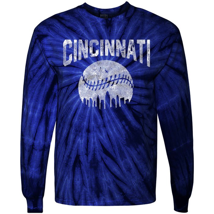 Cincinnati Baseball Ohio Skyline City Vintage Style Tie-Dye Long Sleeve Shirt