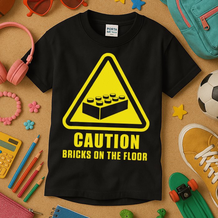 Caution Bricks On Floor Building Blocks Master Builder Kids T-Shirt