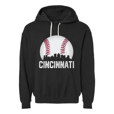 Cincinnati Baseball Ohio Skyline City Vintage Style Garment-Dyed Fleece Hoodie