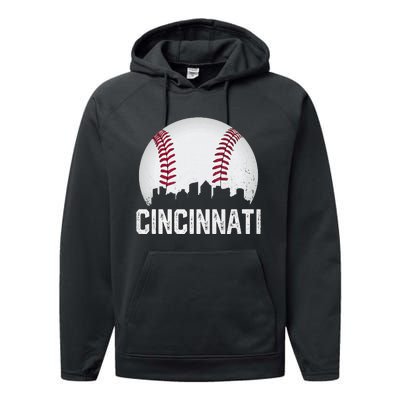 Cincinnati Baseball Ohio Skyline City Vintage Style Performance Fleece Hoodie