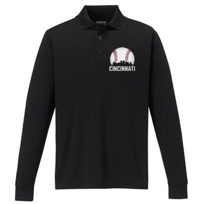 Cincinnati Baseball Ohio Skyline City Vintage Style Performance Long Sleeve Polo