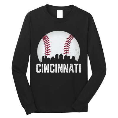 Cincinnati Baseball Ohio Skyline City Vintage Style Long Sleeve Shirt