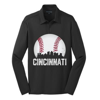 Cincinnati Baseball Ohio Skyline City Vintage Style Silk Touch Performance Long Sleeve Polo