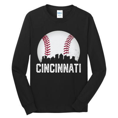 Cincinnati Baseball Ohio Skyline City Vintage Style Tall Long Sleeve T-Shirt