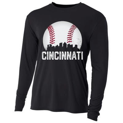 Cincinnati Baseball Ohio Skyline City Vintage Style Cooling Performance Long Sleeve Crew