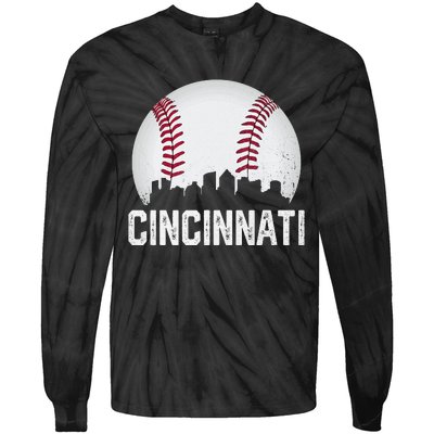 Cincinnati Baseball Ohio Skyline City Vintage Style Tie-Dye Long Sleeve Shirt