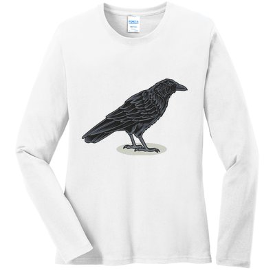 Crow Bird O White Surface Ladies Long Sleeve Shirt