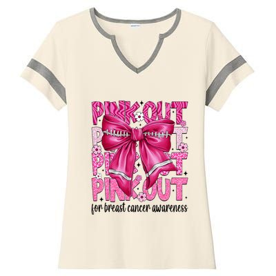 Coquette Bow Out Football Team Breast Cancer Awareness Ladies Halftime Notch Neck Tee