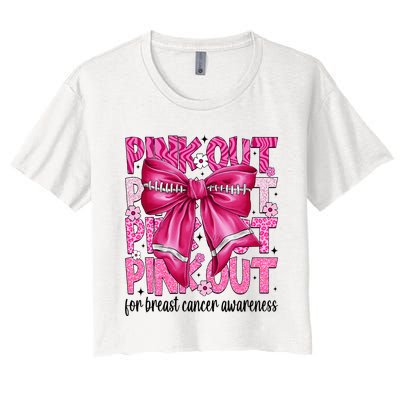 Coquette Bow Out Football Team Breast Cancer Awareness Women's Crop Top Tee