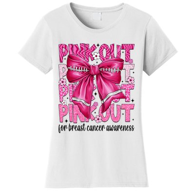 Coquette Bow Out Football Team Breast Cancer Awareness Women's T-Shirt