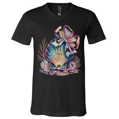 Coquette Bow Ocean Beach Coastal Summer Women V-Neck T-Shirt