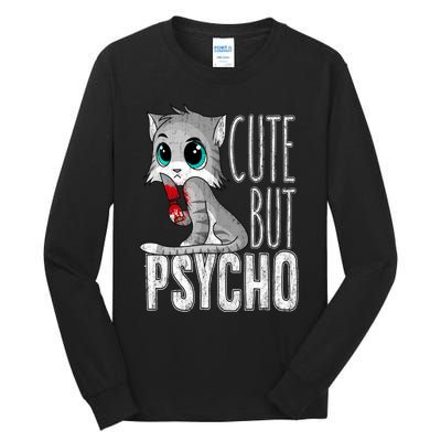 Cute But Psycho Kitty Cat Wife Mom Gift Horror Halloween Tall Long Sleeve T-Shirt