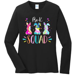 Cute Bunnies Pre-k Teacher Squad Easter Day Tie Dye Ladies Long Sleeve Shirt