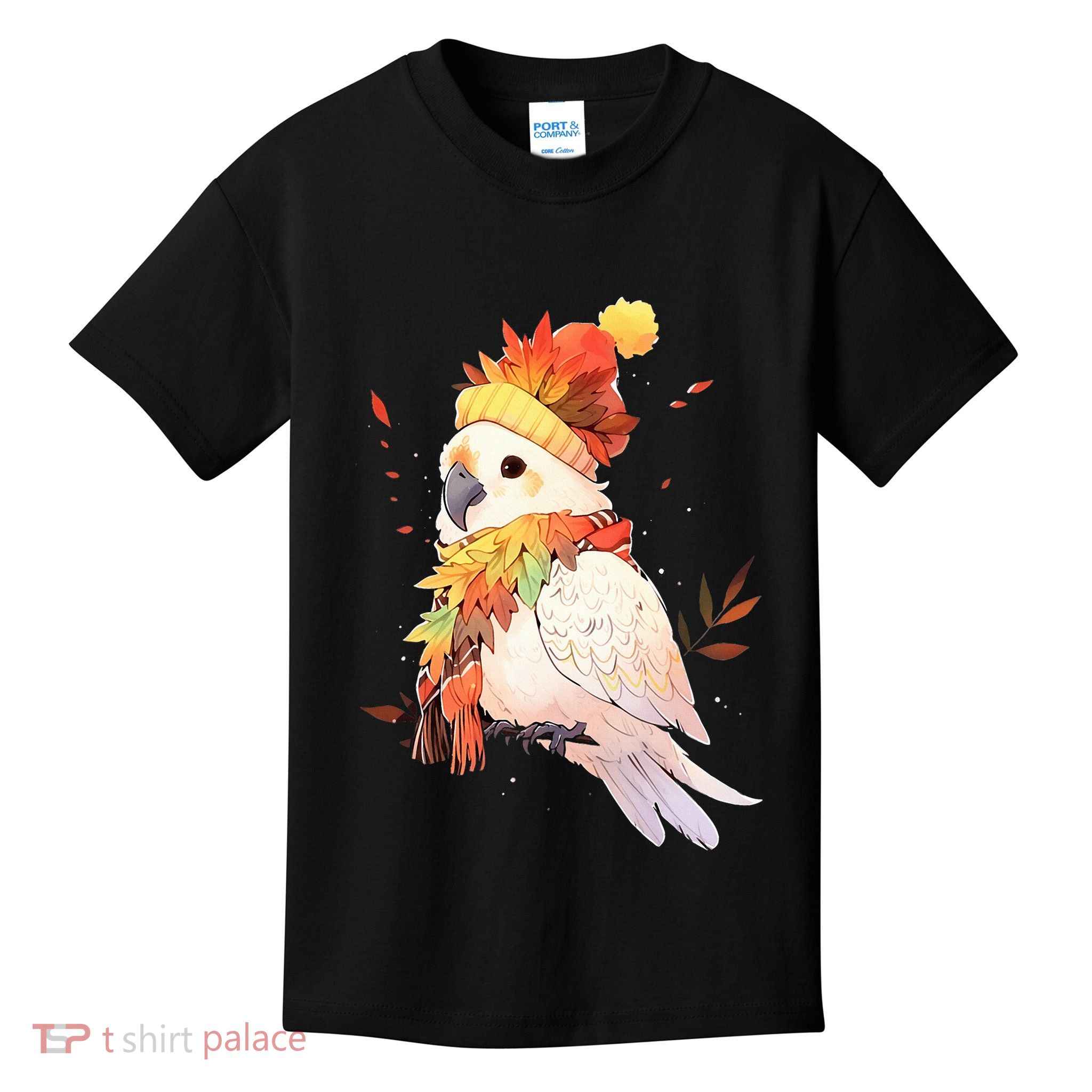 Cockatoo Bird Parrot Autumn Fall Leaves Thanksgiving Kids T-Shirt