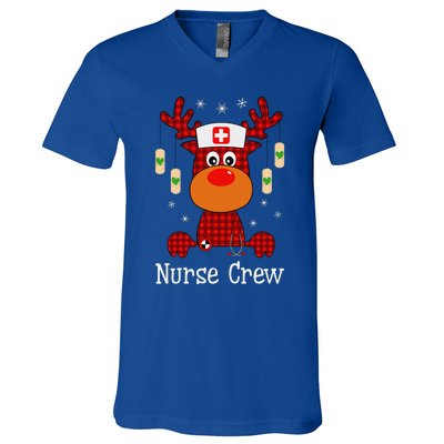 Christmas Buffalo Plaid Reindeer Nurse Crew Moose Christmas V-Neck T-Shirt