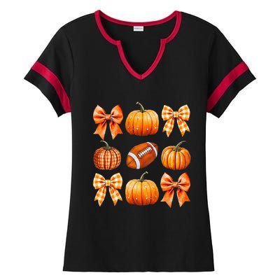 Coquette Bow Pumpkin Season Football Fall Autumn Halloween Ladies Halftime Notch Neck Tee