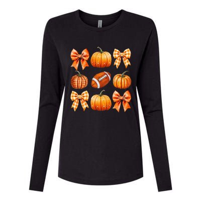 Coquette Bow Pumpkin Season Football Fall Autumn Halloween Womens Cotton Relaxed Long Sleeve T-Shirt