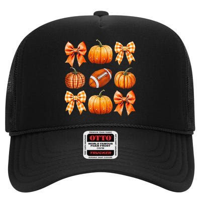 Coquette Bow Pumpkin Season Football Fall Autumn Halloween High Crown Mesh Back Trucker Hat