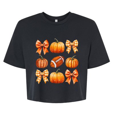 Coquette Bow Pumpkin Season Football Fall Autumn Halloween Bella+Canvas Jersey Crop Tee