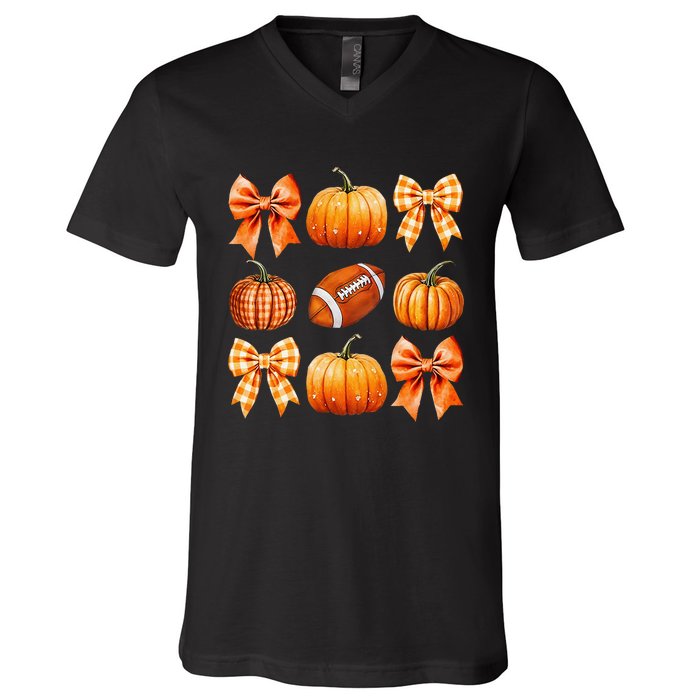 Coquette Bow Pumpkin Season Football Fall Autumn Halloween V-Neck T-Shirt