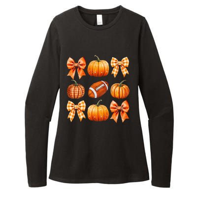 Coquette Bow Pumpkin Season Football Fall Autumn Halloween Womens CVC Long Sleeve Shirt